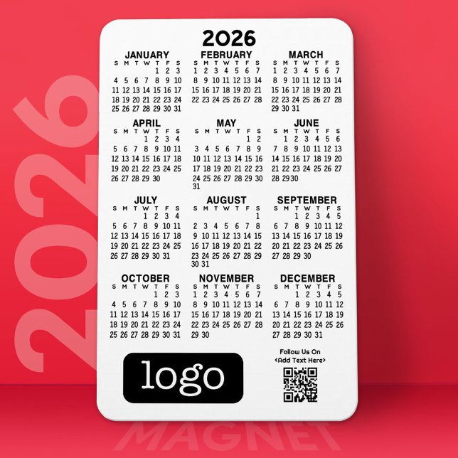 Ímã Calendário com logotipo comercial e código QR (2026 Calendar Magnet)