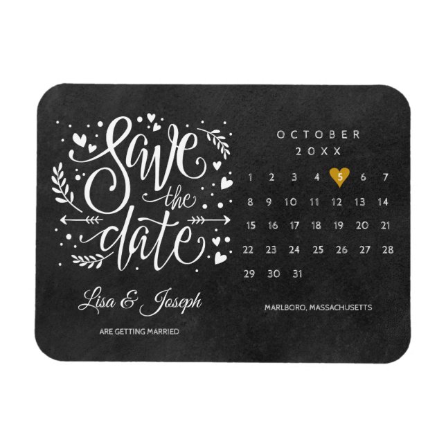 Ímã Calendário Coração Dourado Lousa Save the Date (Horizontal)