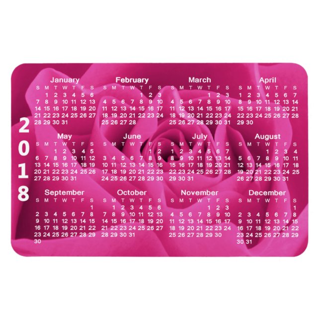 Ímã Calendário de 2018 das Pétalas Rosa Rosa Rosa Rosa (Horizontal)
