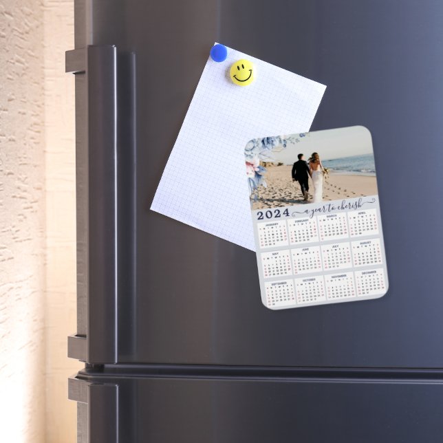 Ímã Calendário de 2024 Anos de Foto Floral Azul Elegan (Criador carregado)