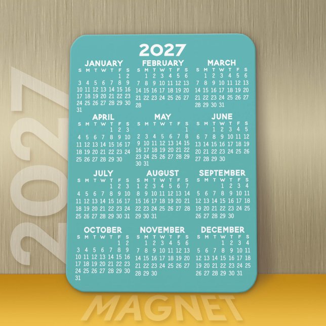 Ímã Calendário de 2027 - Moderno, Mínimo Aqua e Branco (Modern 2027 Calendar Magnet)