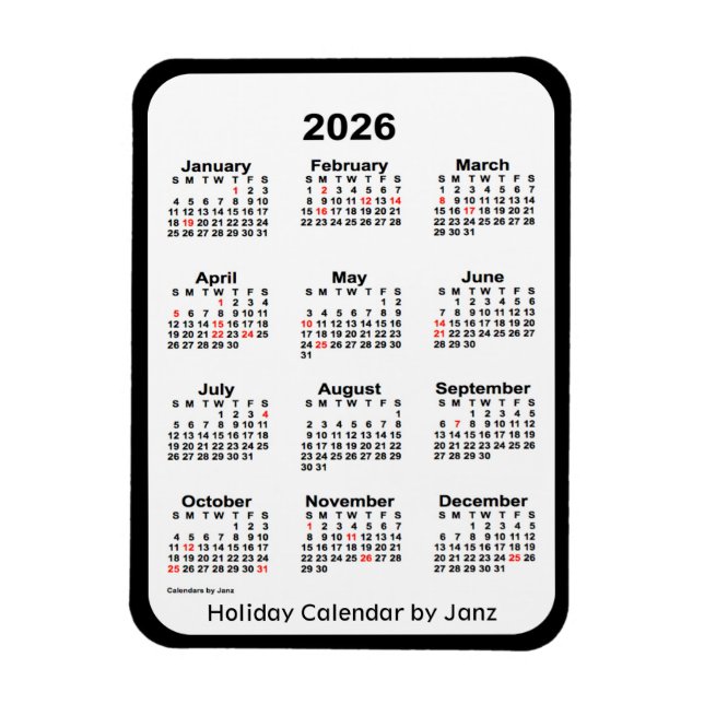 Ímã Calendário de feriado preto 2026 por Janz Magnet (Vertical)