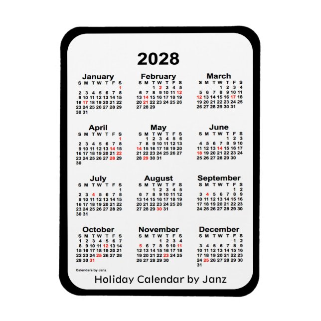 Ímã Calendário de feriado preto 2028 por Janz Magnet (Vertical)