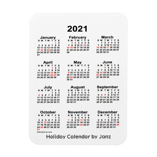Ímã Calendário de feriados brancos 2021 por Janz Magne (Vertical)