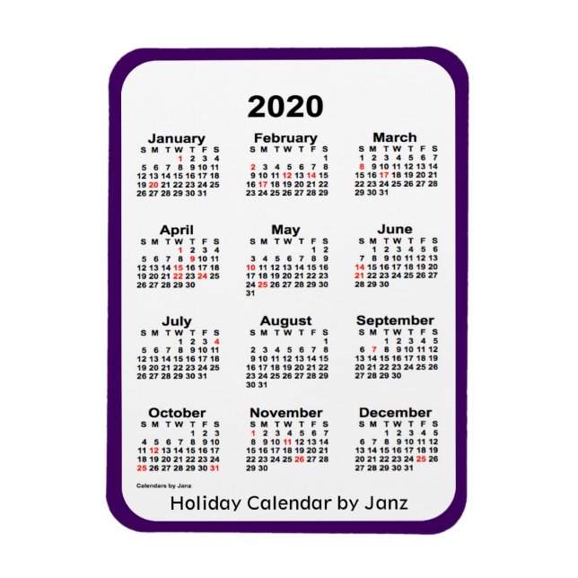 Ímã Calendário de Férias 2020 por Janz Purple (Vertical)