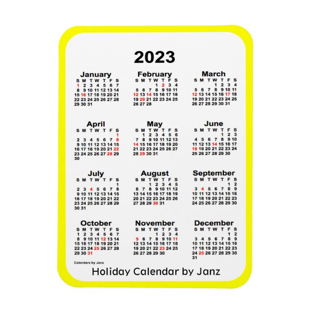 Ímã Calendário de Férias Amarelas 2023 por Janz Magnet (Vertical)