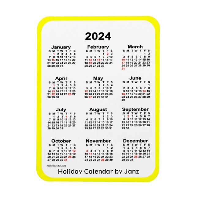 Ímã Calendário de Férias Amarelas 2024 por Janz Magnet (Vertical)