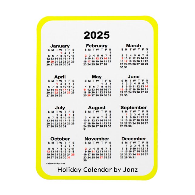 Ímã Calendário de Férias Amarelas 2025 por Janz Magnet (Vertical)