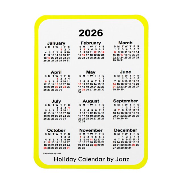 Ímã Calendário de Férias Amarelas 2026 por Janz Magnet (Vertical)