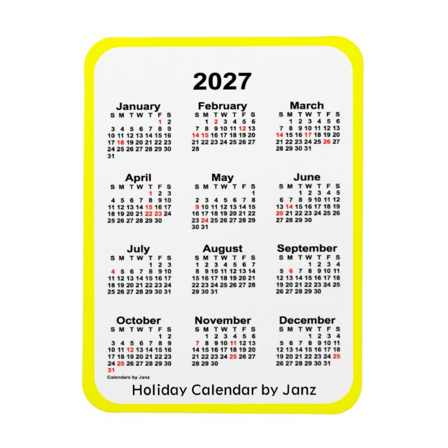 Ímã Calendário de Férias Amarelas 2027 por Janz Magnet (Vertical)