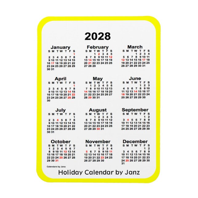 Ímã Calendário de Férias Amarelas 2028 por Janz Magnet (Vertical)