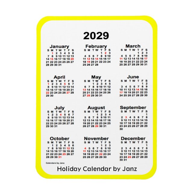 Ímã Calendário de Férias Amarelas 2029 por Janz Magnet (Vertical)