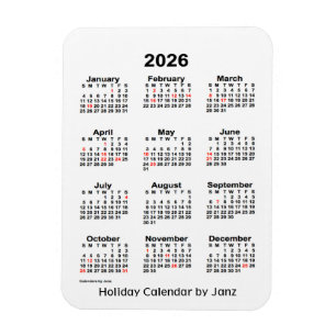 Ímã Calendário de férias brancas de 2026 pela Janz M