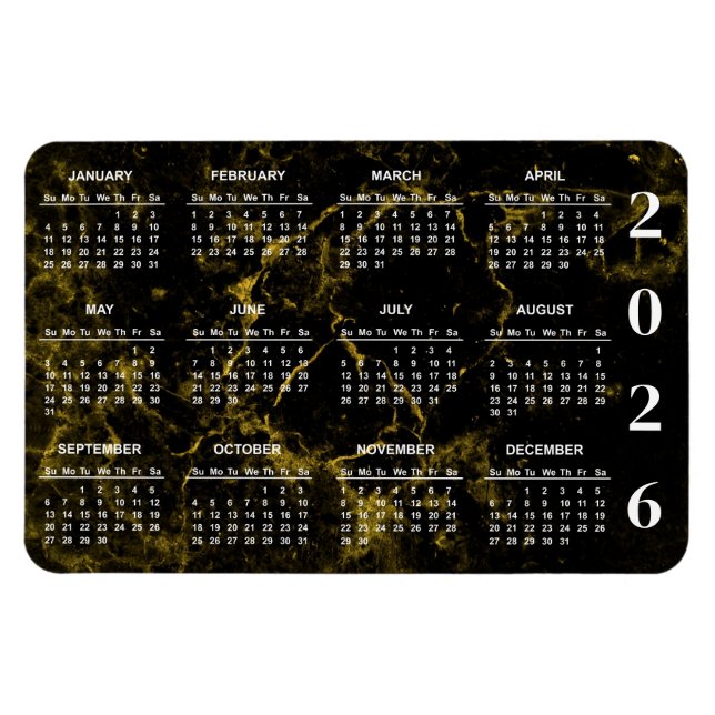 Ímã Calendário de mármore preto e Dourado 2026 (Horizontal)