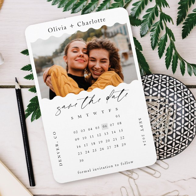Ímã Calendário de Na moda de Foto Retroativa Mínima Mo (Modern Minimal Retro Wavy Photo Stylish Calendar Magnet)