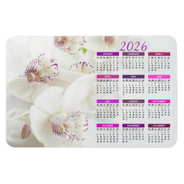 Ímã Calendário de Orquídeas Brancas e Roxas Elegantes