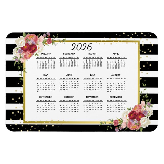 Ímã Calendário Dourado Floral com Striped White Preta  (Horizontal)