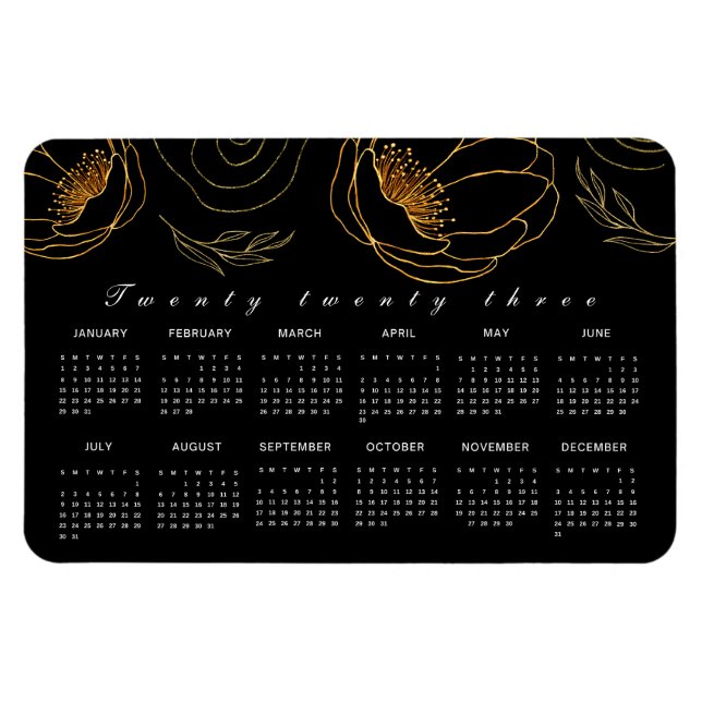 Ímã Calendário Elegante Preto e Mínimo Ouro 2023 (Horizontal)