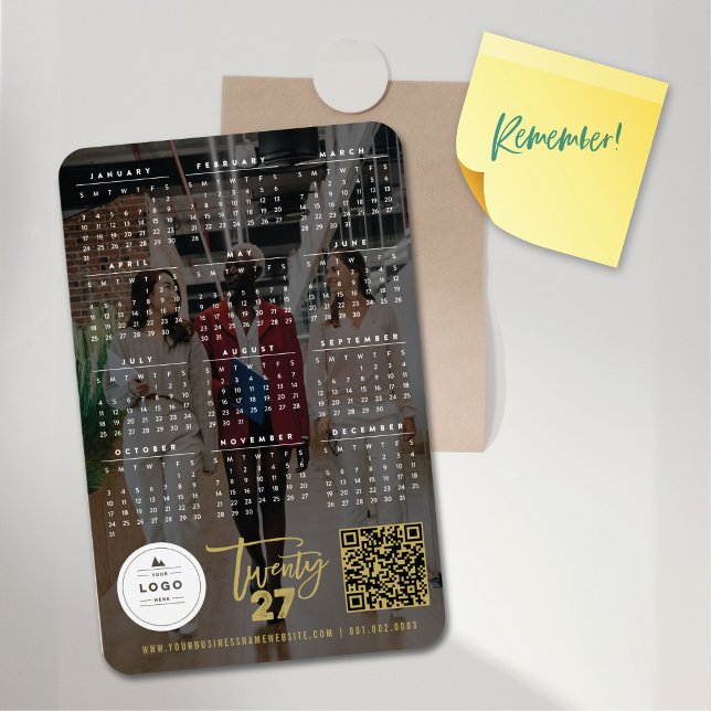 Ímã Calendário Foto de Ano Novo 2027 com Pincel Dourad (Gold Brush Script 2027 Photo Calendar New Year Holiday Flexible Magnet + Logo & QR Code @ fat_fa_tin)