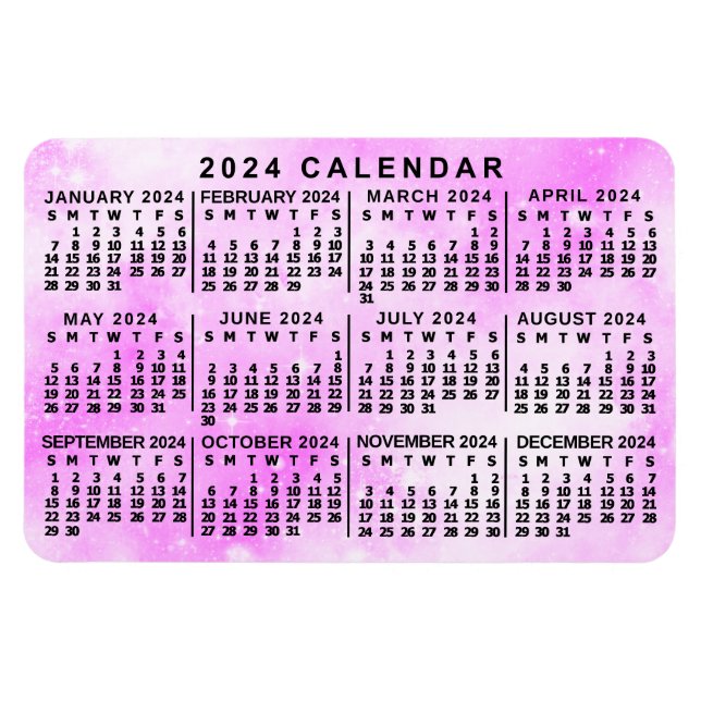 Ímã Calendário Mensal 2024 Estrelas de Aquarela Rosa-R (Horizontal)