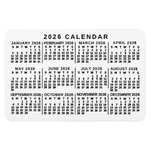 Ímã Calendário Mensal Anual 2026 Branco e Preto Clássi