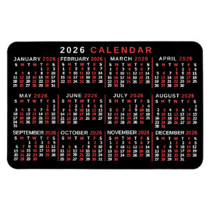 Ímã Calendário Mensal Anual 2026 Preto Vermelho Branco