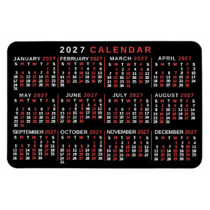 Ímã Calendário Mensal Anual 2026 Preto Vermelho Branco