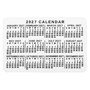 Ímã Calendário Mensal Anual 2027 Clássico Branco e Pre