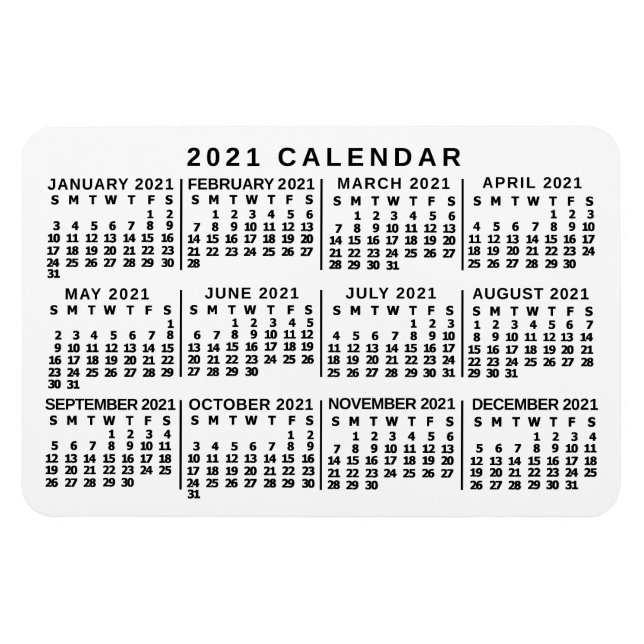 Ímã Calendário Mensal Branco e Preto 2021 Ano (Horizontal)