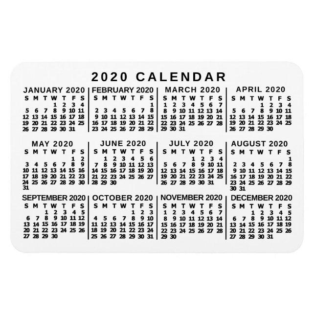 Ímã Calendário mensal clássico branco e preto 2020 ano (Horizontal)