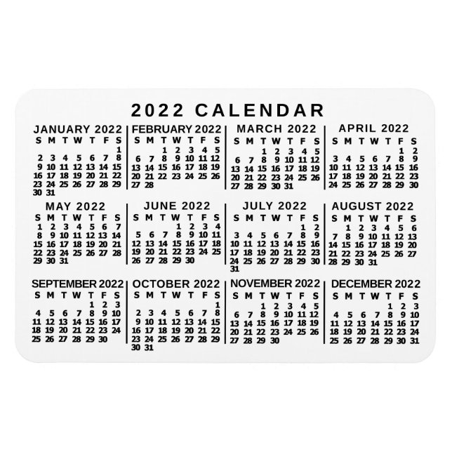 Ímã Calendário mensal clássico branco e preto 2022 ano (Horizontal)