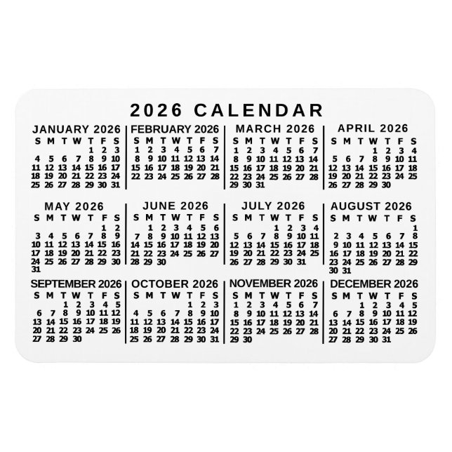 Ímã Calendário Mensal Clássico Branco e Preto do Ano 2 (Horizontal)