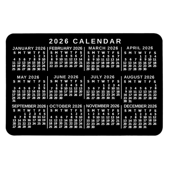 Ímã Calendário Mensal Clássico Preto e Branco do Ano 2 (Horizontal)