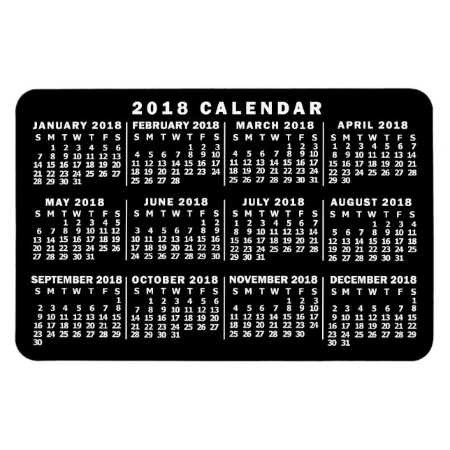 Ímã Calendário Mensal de 2018 Preto e Branco Clássico (Horizontal)