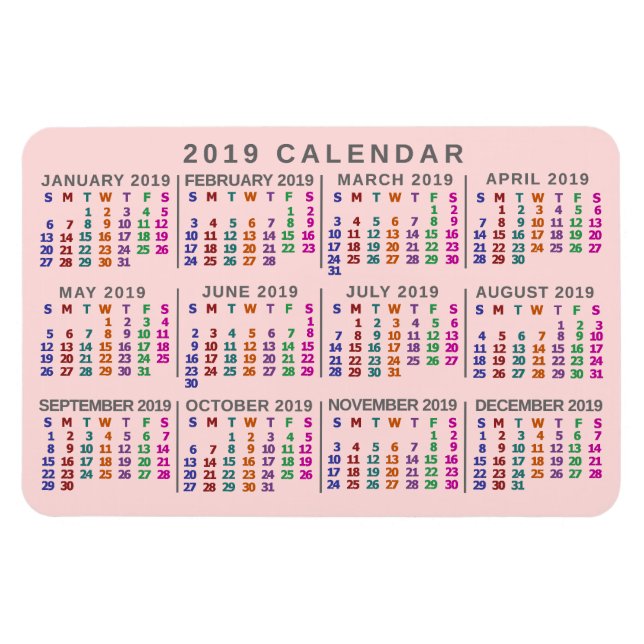 Ímã Calendário Mensal de 2019 Ano - Cor-de-rosa-rosa (Horizontal)