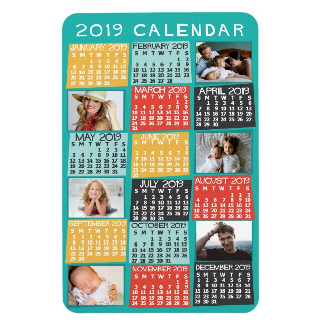 Ímã Calendário Mensal de 2019 Colagem Moderna de Fotos (Vertical)