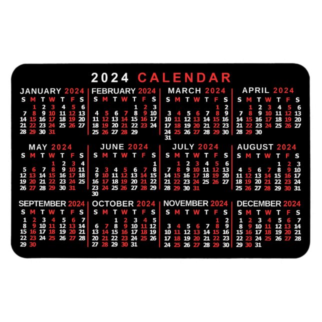 Ímã Calendário Mensal de 2024 Ano - Preto Branco (Horizontal)