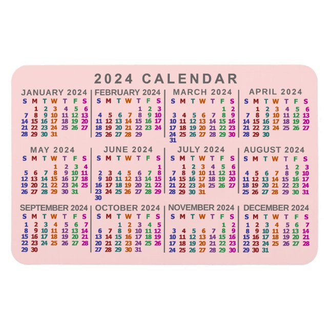 Ímã Calendário Mensal de 2024 Anos Cor-de-rosa-rosa (Horizontal)
