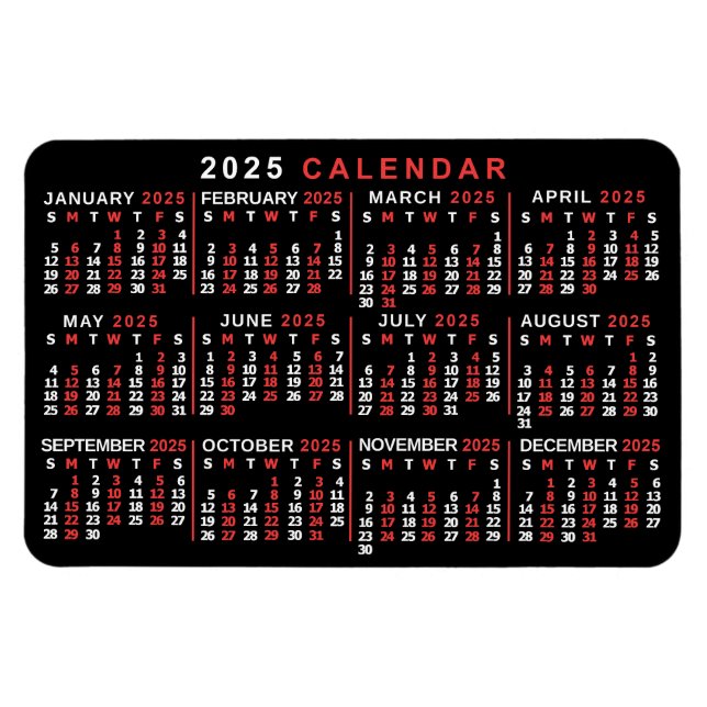 Ímã Calendário Mensal de 2025 Ano - Branco preto cláss (Horizontal)
