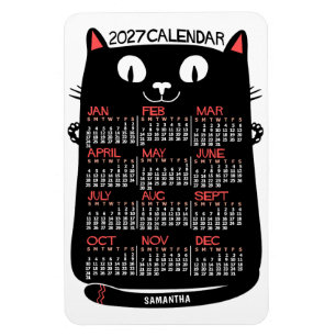 Ímã Calendário Mensal do Ano 2025 Gato Preto Meados do