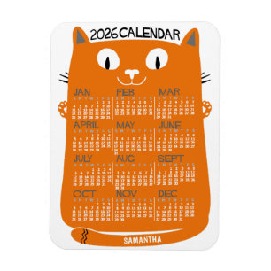 Ímã Calendário Mensal do Ano 2026 Gato Laranja Meados