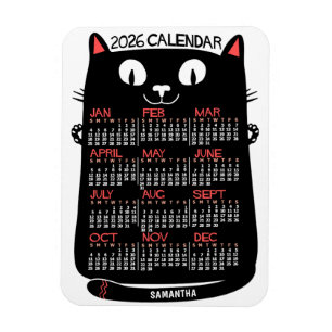 Ímã Calendário Mensal do Ano 2026 Gato Preto de Meados
