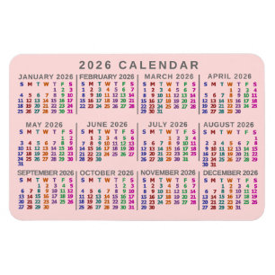 Ímã Calendário Mensal do Ano 2026 Rosa Cor-de-Rosa Col