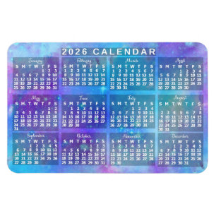Ímã Calendário Mensal do Ano de 2026 Azul Estrelas Aqu