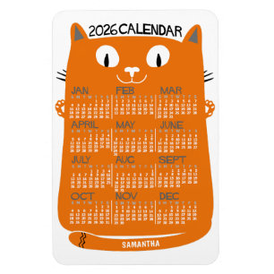 Ímã Calendário Mensal do Ano de 2026 Gato Laranja Mead