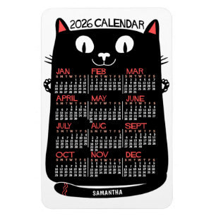 Ímã Calendário Mensal do Ano de 2026 Gato Preto Meados