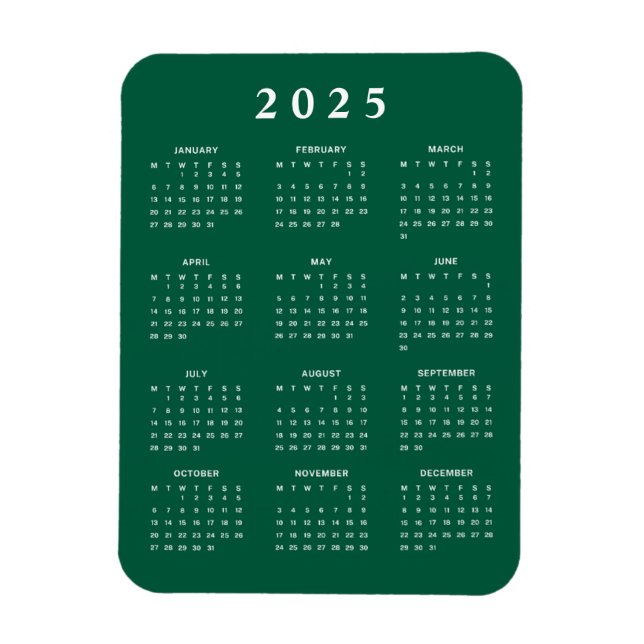 Ímã Calendário Mensal Verde de 2025 (Vertical)
