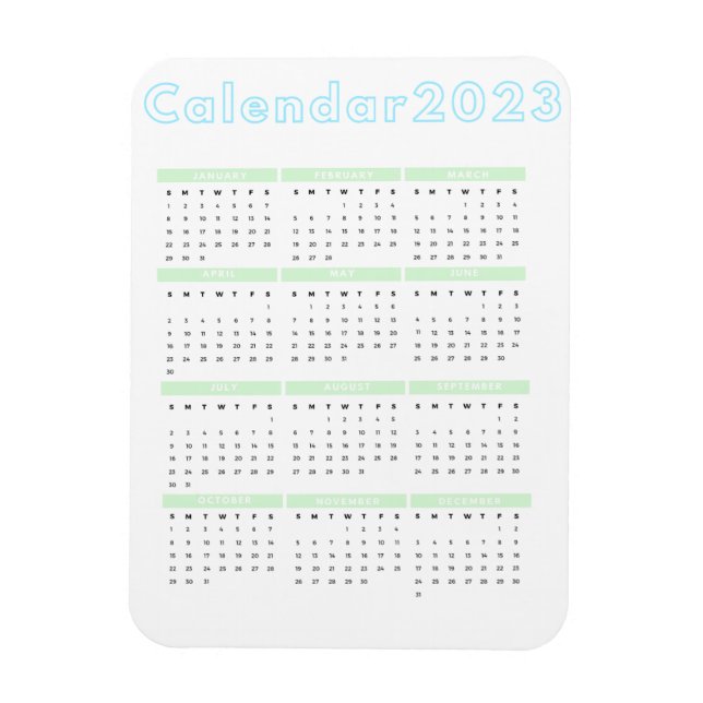 Ímã Calendário Mínimo do Imã Azul Pastel Verde 2023 (Vertical)