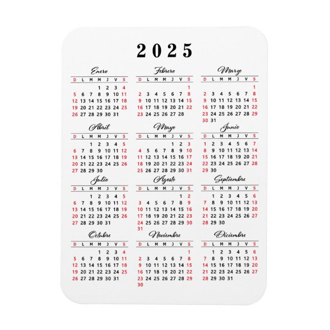 Ímã Calendário moderno de 2025 em espanhol branco verm (Vertical)