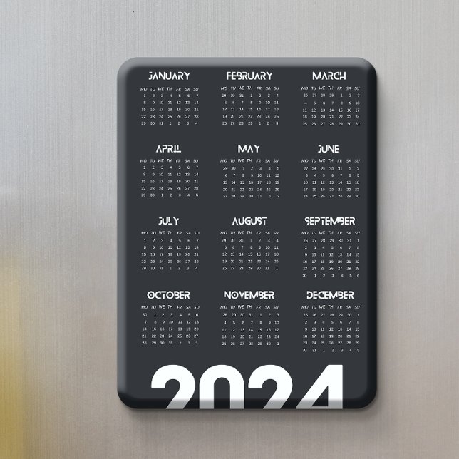 Ímã Calendário Moderno Elegante 2024 Preto E Branco (Modern Elegant 2024 Calendar Black And White Magnet)
